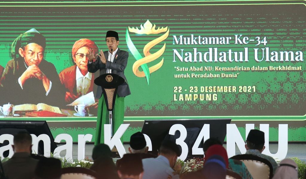 Presiden RI Joko Widodo membuka Muktamar ke-34 Nahdlatul Ulama (NU) di Pondok Pesantren Darussa'adah, Kabupaten Lampung Tengah, Lampung, Rabu (22/12/2021). Muktamar ke-34 NU akan dilaksanakan hingga Jumat (24/12/2021). 