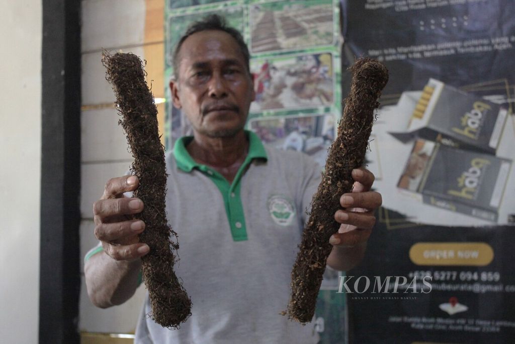 Tembakau yang sudah dikeringkan siap untuk dipasarkan sebagai bahan rokok daun nipah dan sigaret kretek tangan di SKT Hawa Bakong Aceh, Kabupaten Aceh Besar, Aceh, Senin (19/2/2024).