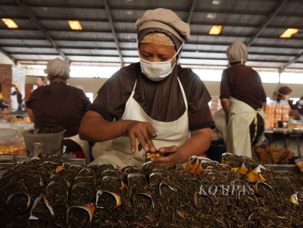 Seorang buruh pabrik teh sedang mengemas teh, Sabtu (12/10/2019), di salah satu pabrik teh di Slawi, Kabupaten Tegal, Jateng. Slawi diklaim menjadi salah satu pusat industri teh wangi terbesar di Indonesia.