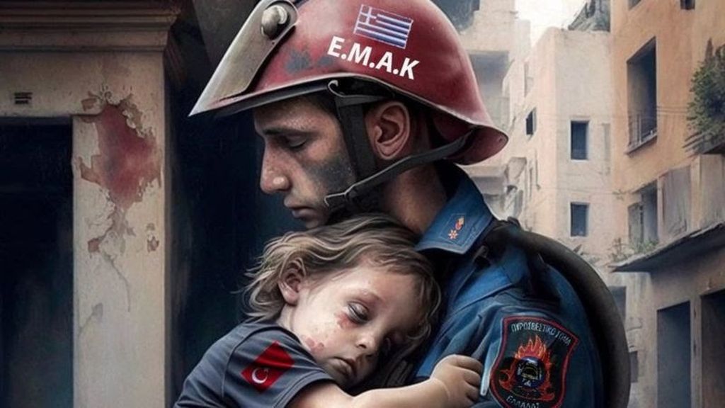 A firefighter created this AI-generated image to show solidarity between Greece and Turkey. It has been used by some scam accounts. The Greek newspaper OEMA reported that the image was created by a firefighter Panagiotis Kotridis using Midjourney's AI software.