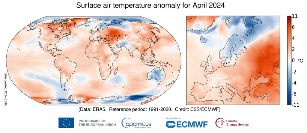 Anomali suhu udara permukaan bulan April 2024 relatif terhadap rata-rata bulan April periode 1991-2020.  