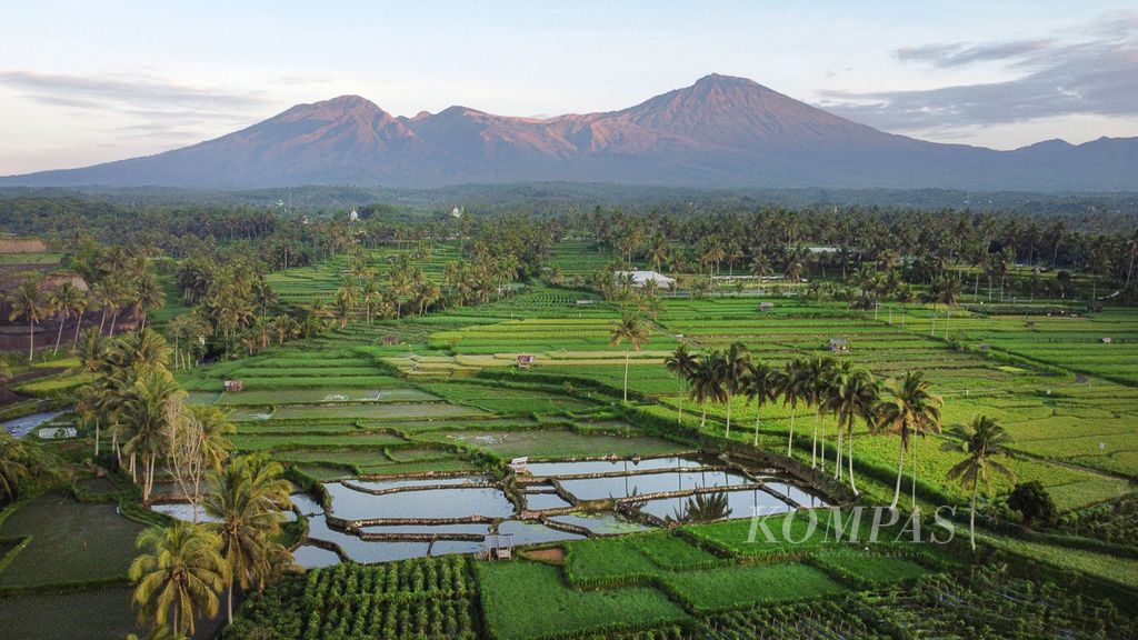 Panorama alam dengan latar belakang Gunung Rinjani terlihat dari Dusun Tempasan Pringgasela, Kecamatan Pringgasela, Kabupaten Lombok Timur, Nusa Tenggara Barat, Senin (18/12/2023). 
