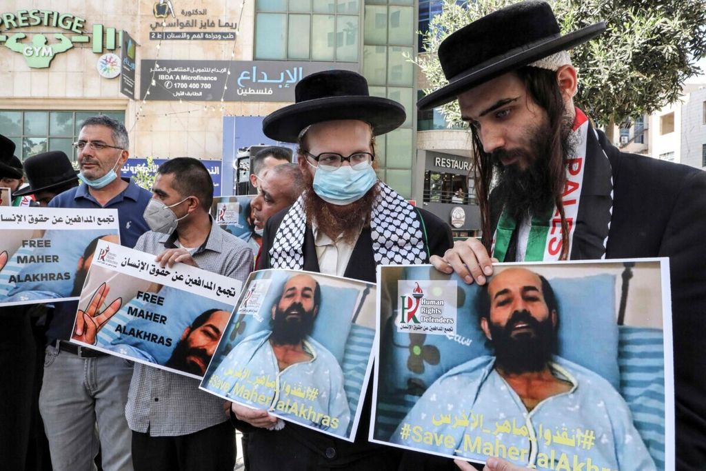 The pro-Palestinian protesters from the Jewish community Neturei Karta, who are anti-Zionism, support the hunger strike of Palestinian activist Maher Al Akhras and his colleagues who are detained by Israel. The hunger strike lasted for 80 days in a prison in the city of Hebron, West Bank, which is occupied by Israeli military, in October 2020.