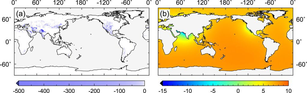 Total perubahan cadangan air tanah di darat (a) dan variasi permukaan laut terkait (b) selama 1993–2010. Satuannya adalah mm air. Sumber: Geophysical Research Letters (2023)