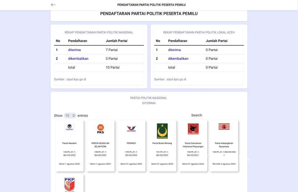Tampilan situs infopemilu yang memuat pendaftaran partai politik peserta Pemilu 2024, Rabu (3/8/2022).