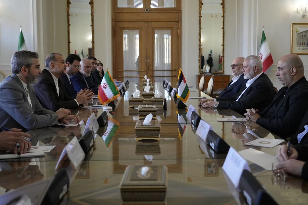 The Hamas delegation led by Ismail Haniyeh (three from the right) met with Iranian Foreign Minister Hossein Amir Abdollahian (three from the left) in Tehran, Iran on March 26, 2024.