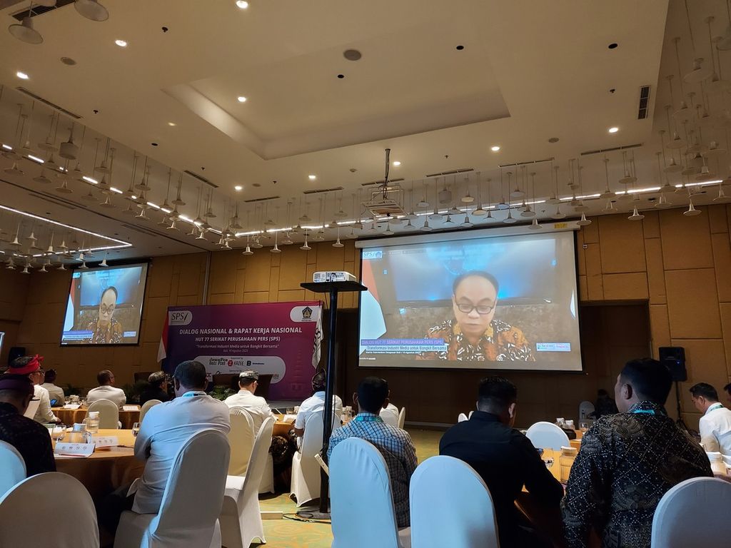 Menteri Komunikasi dan Informatika Budi Arie Setiadi hadir secara dalam jaringan dalam Dialog Nasional dan Rapat Kerja Nasional Serikat Perusahaan Pers di Denpasar, Bali, Kamis (10/8/2023).