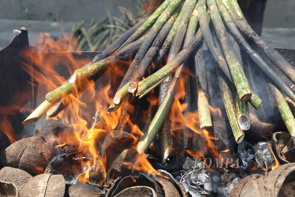 Pucuk batang rotan dibakar menjadi pakkat, di Medan, Sumatera Utara, Senin (10/4/2023). Pakkat merupakan makanan khas Tapanuli Selatan yang ramai diburu selama bulan puasa.