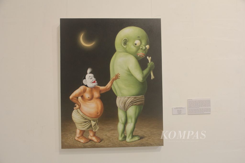 Lukisan berjudul Eling-eling karya Susilo Budi ditampilkan dalam pameran Mikul Duwur Mendhem Jero #2: Pertemuan, Jumat (15/9/2023), di Bentara Budaya Yogyakarta, Kota Yogyakarta. 