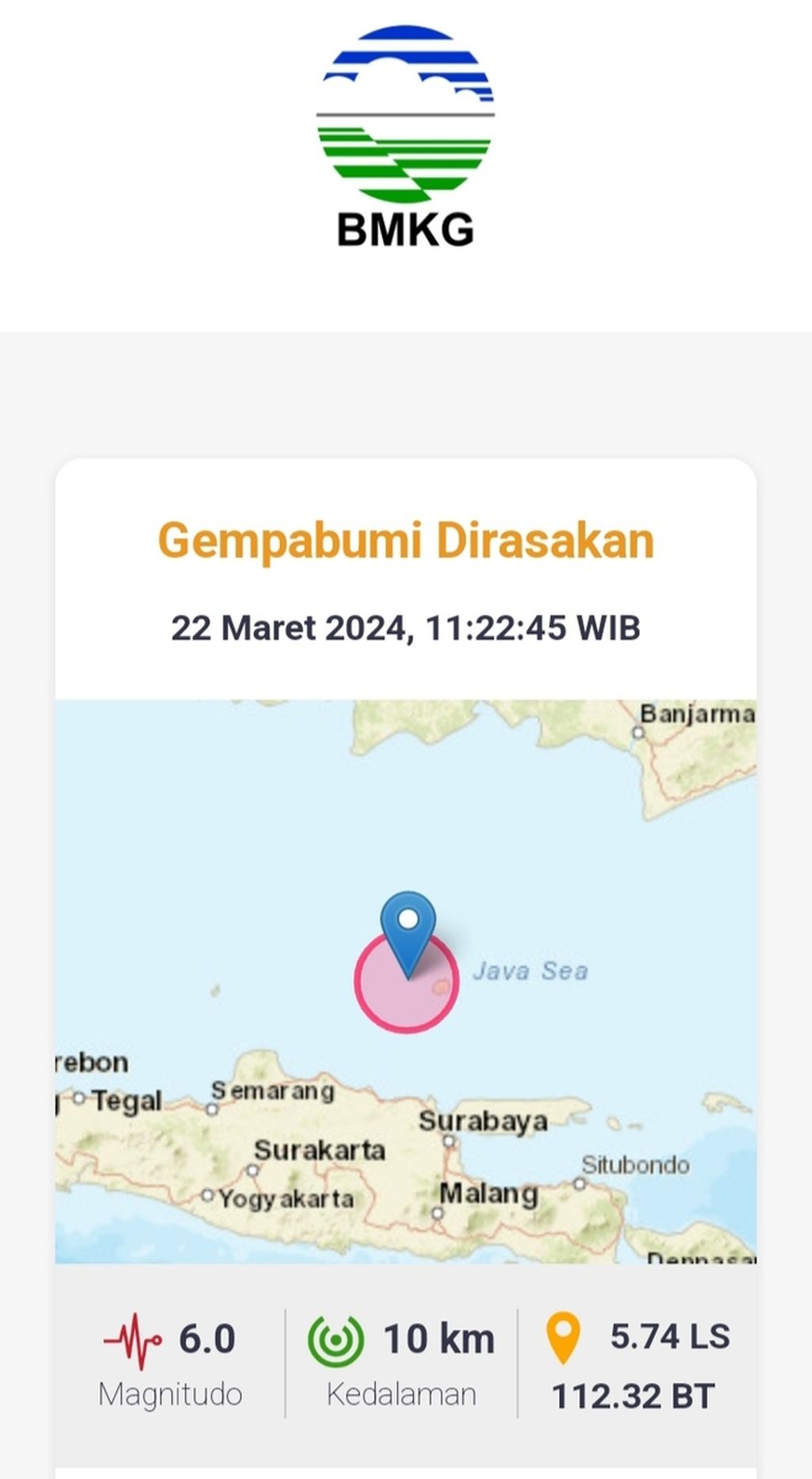 Tangkapan layar pada akun resmi BMKG tentang gempa bumi di Laut Jawa pada Jumat (22/3/2024) pukul 11.22.
