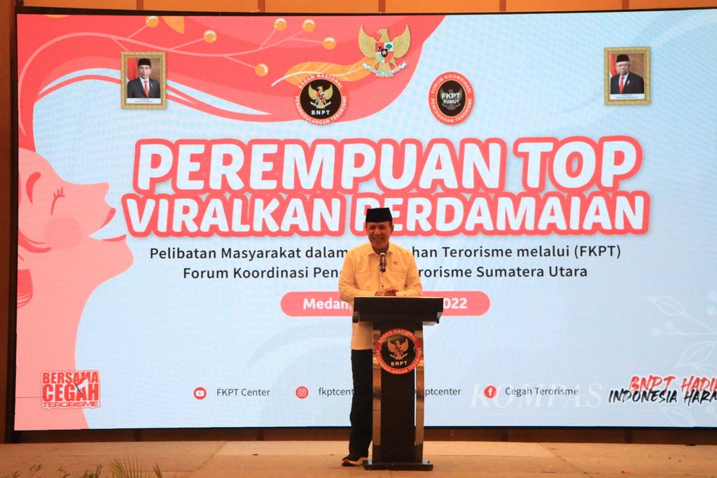 Kepala Badan Nasional Penanggulangan Terorisme (BNPT) Komisaris Jenderal Boy Rafli Amar menjadi pembicara dalam seminar tentang rentannya perempuan terpapar ideologi terorisme, di Medan, Sumatera Utara, Senin (29/8/2022).