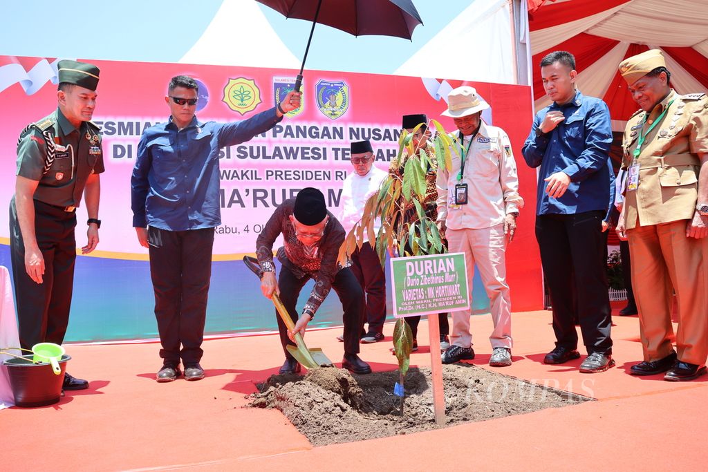 Wakil Presiden Maruf Amin menanam pohon durian sebagai tanaman perdana di Kawasan Pangan Nusantara, Desa Telaga, Kecamatan Dampelas, Kabupaten Donggala, Sulawesi Tengah, Rabu (4/10/2023).