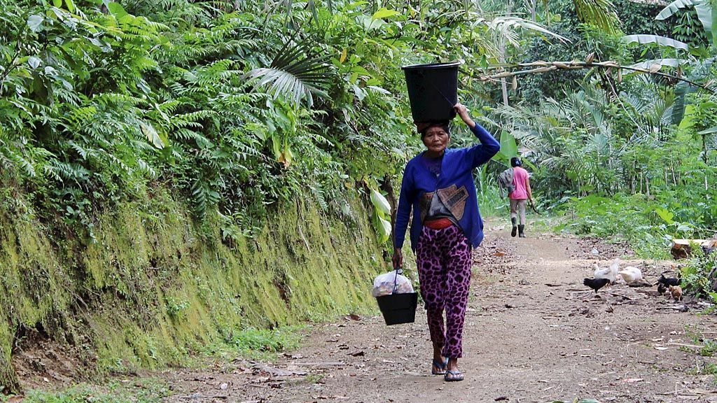 Seorang nenek membawa ember berisi air  ke rumahnya  yang berjarak  lebih kurang  2 kilometer dari mata air di Dusun Tanah Ampo, Desa Sibetan, di lereng Gunung Agung, Kabupaten Karangasem, Bali, Kamis (9/11). Ia bersama warga dusun tersebut  terpaksa mengungsi lebih dari sebulan karena status Awas Gunung Agung. 