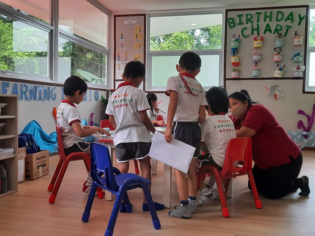 Seorang guru tengah menjelaskan materi pada murid-murid Taman Kanak-kanak (TK) di Mighty Minds Preschool, Kebayoran Baru, Jakarta, Kamis (30/3/2023). Tiap kelas dilengkapi dengan pendingin ruangan dan pembersih udara (air purifier) guna mengontrol kualitas udara dalam ruang.