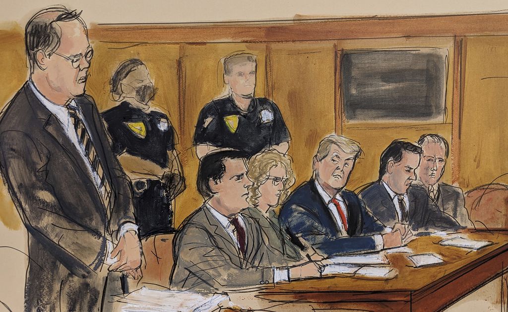 Dalam gambar sketsa jalannya pengadilan, tampak mantan Presiden AS, Donald Trump (duduk di tengah) mendengarkan uraian asisten Jaksa Wilayah, Christopher Conroy (berdiri, kiri) menguraikan kasus yang membelit Trump dalam persidangan di Pengadilan Manhattan, Kota New York pada Selasa (4/4/2023). 