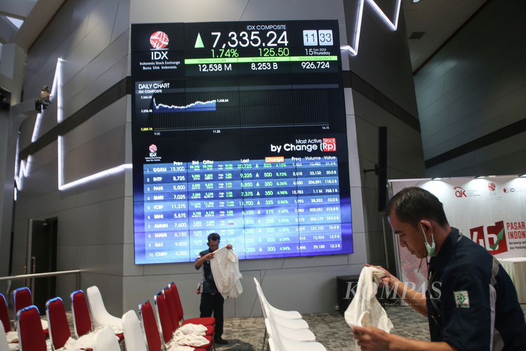 Petugas mempersiapkan bangku untuk acara di Bursa Efek Indonesia di Jakarta, Kamis (15/2/2024). IHSG terpantau melonjak pada awal perdagangan sehari setelah pelaksanaan Pemilu 2024. 