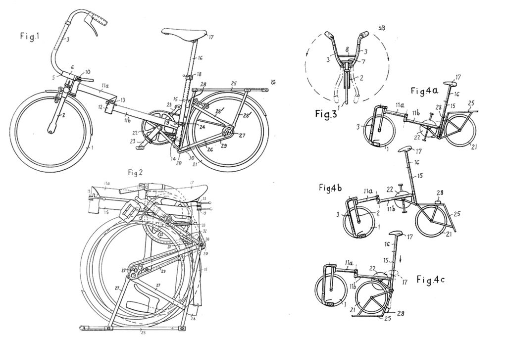 Desain sepeda lipat Brompton yang dipatenkan tahun 1979 di Kantor Hak Paten Eropa (EPO).