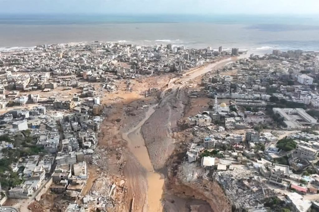 Kerusakan parah yang ditimbulkan akibat banjir di Libya yang dipicu badai Daniel, Rabu (13/9/2023). 