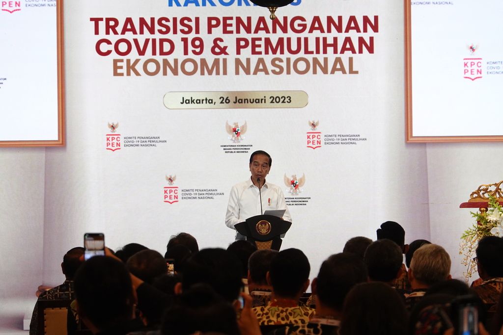 President Joko Widodo at the national coordination meeting for the Transition of Handling Covid-19 and National Economic Recovery in 2023, in Jakarta, Thursday (26/1/2023).