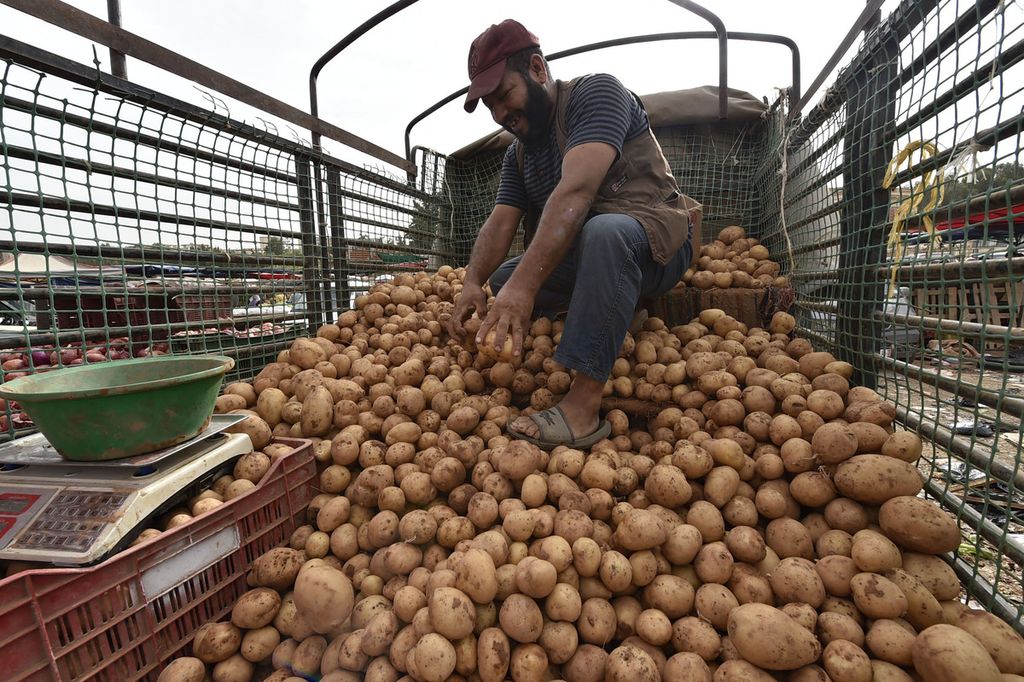 Seorang penjual kentang berdagang dari truk di pasar Algier, Aljazair, pada 15 September 2022. Aljazair adalah pengekspor gas alam terbesar di Afrika. Sebanyak 45 juta penduduknya memperoleh pendapatan 90 persen dari hasil penjualan gas oleh negara. 