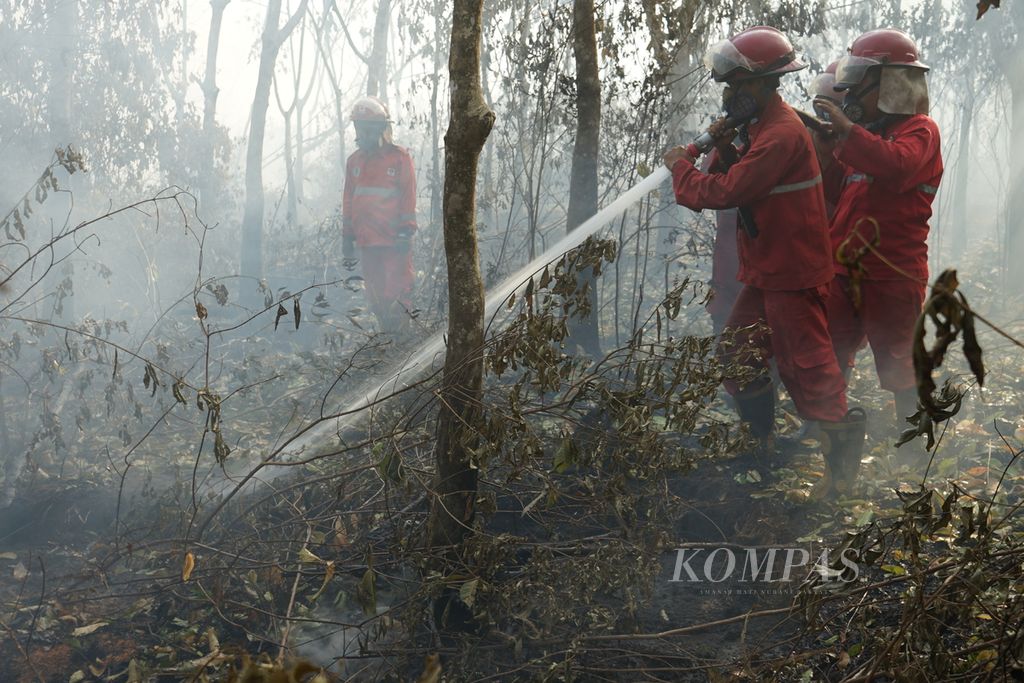 Personel Manggala Agni sedang berupaya memadamkan kebakaran lahan gambut di Desa Deling, Kabupaten Ogan Komering Ilir, Sumatera Selatan (26/8/2023). 