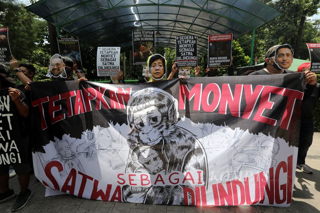 Pengunjuk rasa yang tergabung dalam Koalisi Primates Fight Back menggelar aksi di depan Kementerian Lingkungan Hidup dan Kehutanan, Jakarta, Senin (12/12/2022).