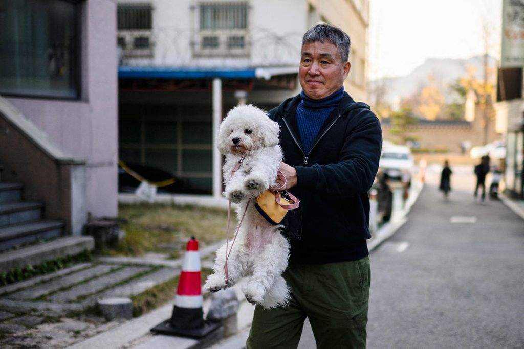 Seorang pria menggendong anjing saat berjalan-jalan di sebuah ruas jalan di Seoul, Korea Selatan, 14 November 2023. 