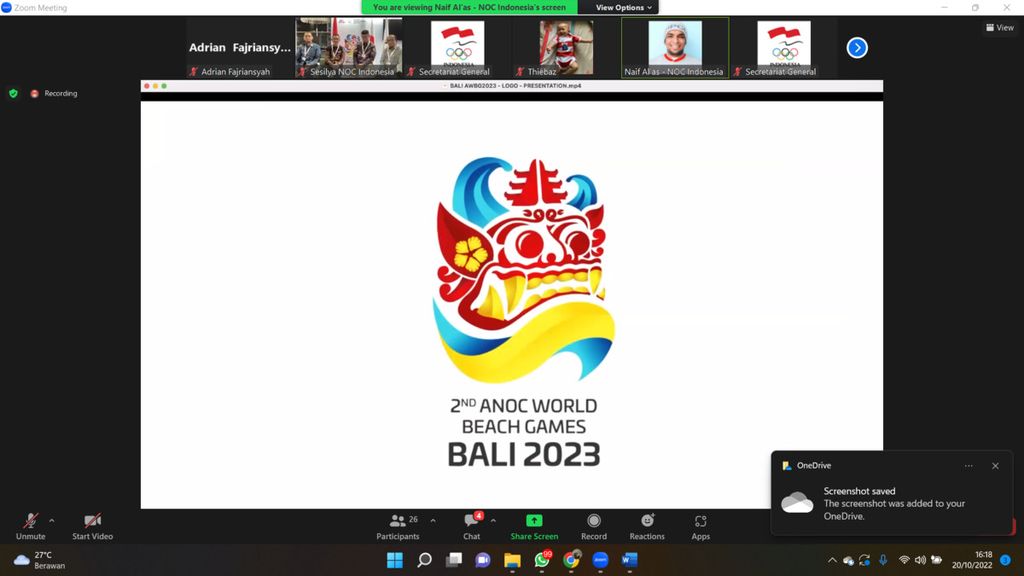Logo World Beach Games 2023 yang ditayangkan dalam jumpa pers daring, Kamis (20/10/2022), seusai Sidang Umum ANOC ke-26 di Seoul, Korea Selatan, 19-20 Oktober. Promosi potensi wisata Bali menjadi alat jitu Komite Olimpiade Indonesia (KOI) untuk menarik minat peserta berpartisipasi dalam World Beach Games (WBG) 2023. Dengan cara itu, 205 negara anggota Asosiasi Komite Olimpiade Nasional (ANOC) berkomitmen untuk mengikuti WBG dan Sidang Umum ANOC di Pulau Dewata, 5-15 Agustus tahun depan.
