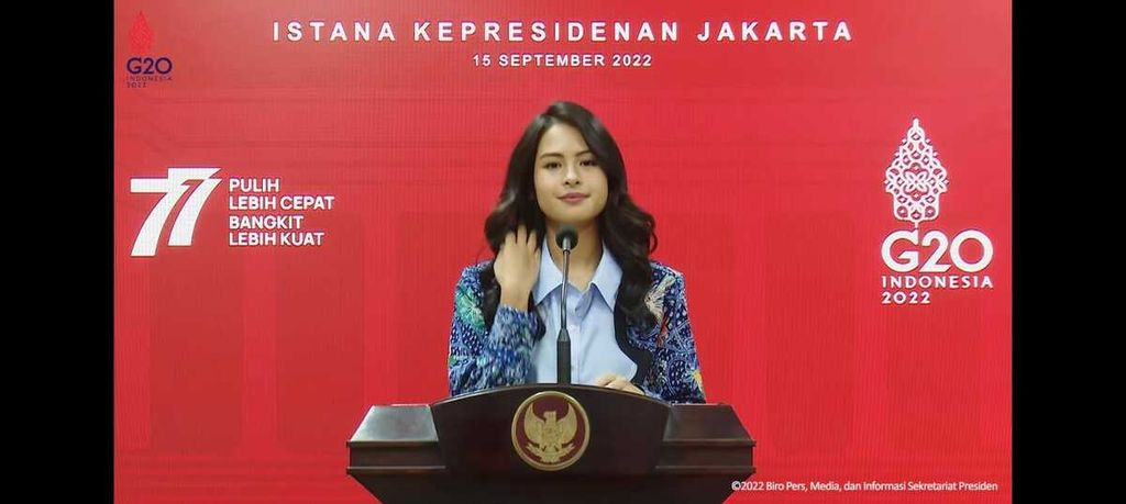 Juru Bicara Pemerintah untuk Presidensi G20 Indonesia Maudy Ayunda saat menyampaikan keterangan pers di Kantor Presiden, Jakarta, Kamis (15/9/2022).