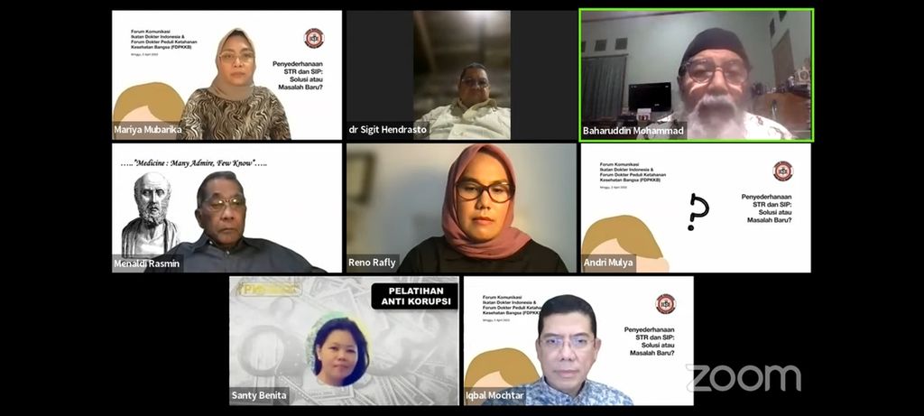 Para peserta dan pembicara dalam diskusi mengenai RUU Kesehatan yang diadakan oleh Forum Dokter Peduli Ketahanan Kesehatan Bangsa (FDPKKB) dan Forum Komunikasi Ikatan Dokter Indonesia (IDI) secara daring, Minggu (2/4/2023) malam.