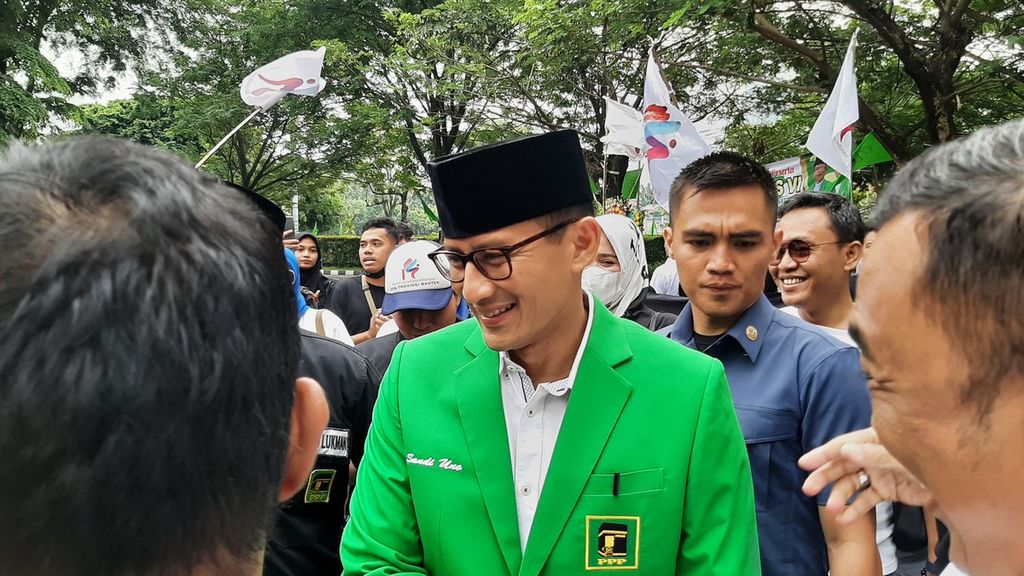 Ketua Badan Pemenangan Pemilu Nasional Partai Persatuan Pembangunan Sandiaga Uno di Hotel Sultan, Jakarta, Sabtu (17/6/2023).