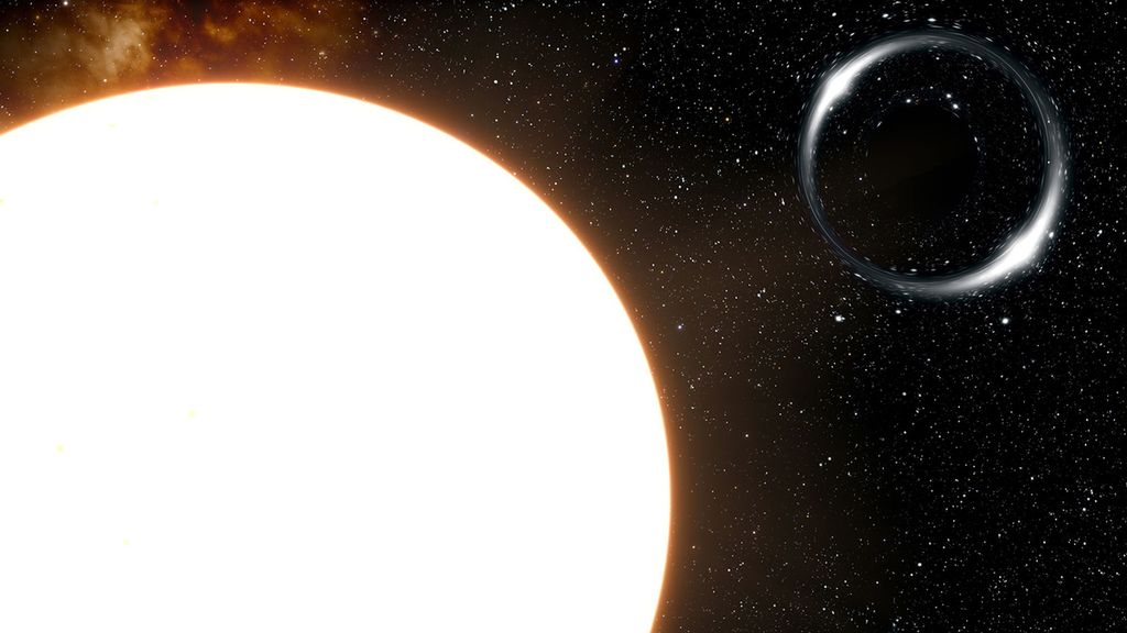 Ilustrasi artis tentang pasangan bintang ganda yang terdiri atas lubang hitam Gaia BH1 (kanan) dan bintang seukuran Matahari berwarna putih kekuningan. Gaia BH1 menjadi lubang hitam terdekat dari Bumi dengan jarak hanya 1.560 tahun cahaya.