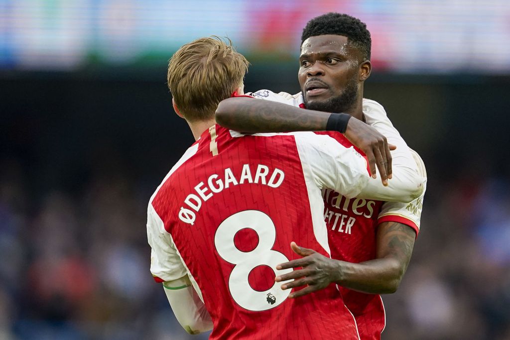 Arsenal midfielder Thomas Partey (right) after the match against Manchester City at Etihad Stadium, March 31, 2024. Partey's presence frees up Declan Rice in Arsenal's midfield.
