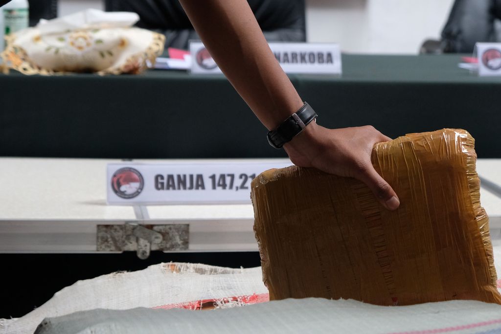 Narkoba jenis ganja ditampilkan saat rilis hasil pengungkapan narkoba di halaman Ditresnarkoba Polda Metro Jaya, Jakarta Selatan, Selasa (13/12/2022). 