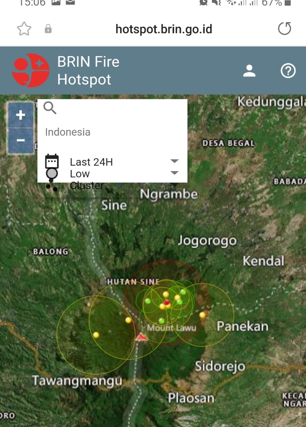 Titik merah terpantau di kawasan Gunung Lawu sisi timur laut di laman hotspot.brin.go.id. Kebakaran di Gunung Lawu telah menghanguskan total 100 hektar lahan.