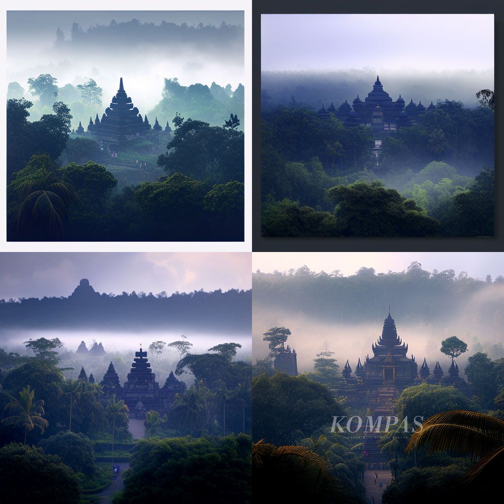 Visual ini dihasilkan Midjourney dengan mengolah foto asli yang diunggah ke Midjourney untuk di-<i>generate</i> dengan menambahkan perintah; <i>foggy arround the temple, morning lighting, high angle from hills, misty, tropical forest.</i>