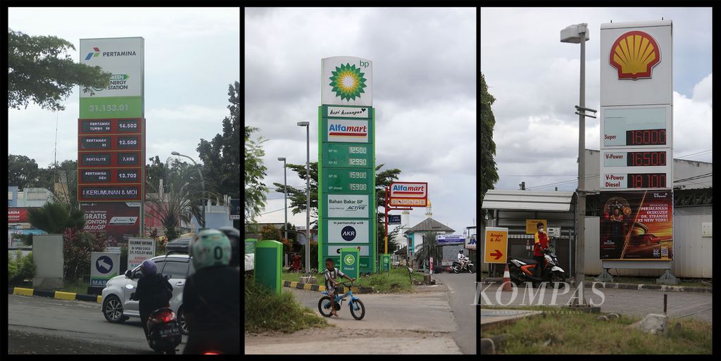 Perbandingan harga bahan bakar minyak milik Pertamina, BP, dan Shell di Tangerang Selatan, Banten, Minggu (3/4/2022). Harga BBM naik pascakenaikan harga minyak dunia. KOMPAS/HERU SRI KUMORO 03-04-2022
