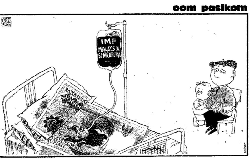 Karikatur Oom Pasikom yang menggambarkan lemahnya rupiah yang harus dibantu IMF dan negara lainnya, seperti tercetak pada KOMPAS 28 Oktober 1997