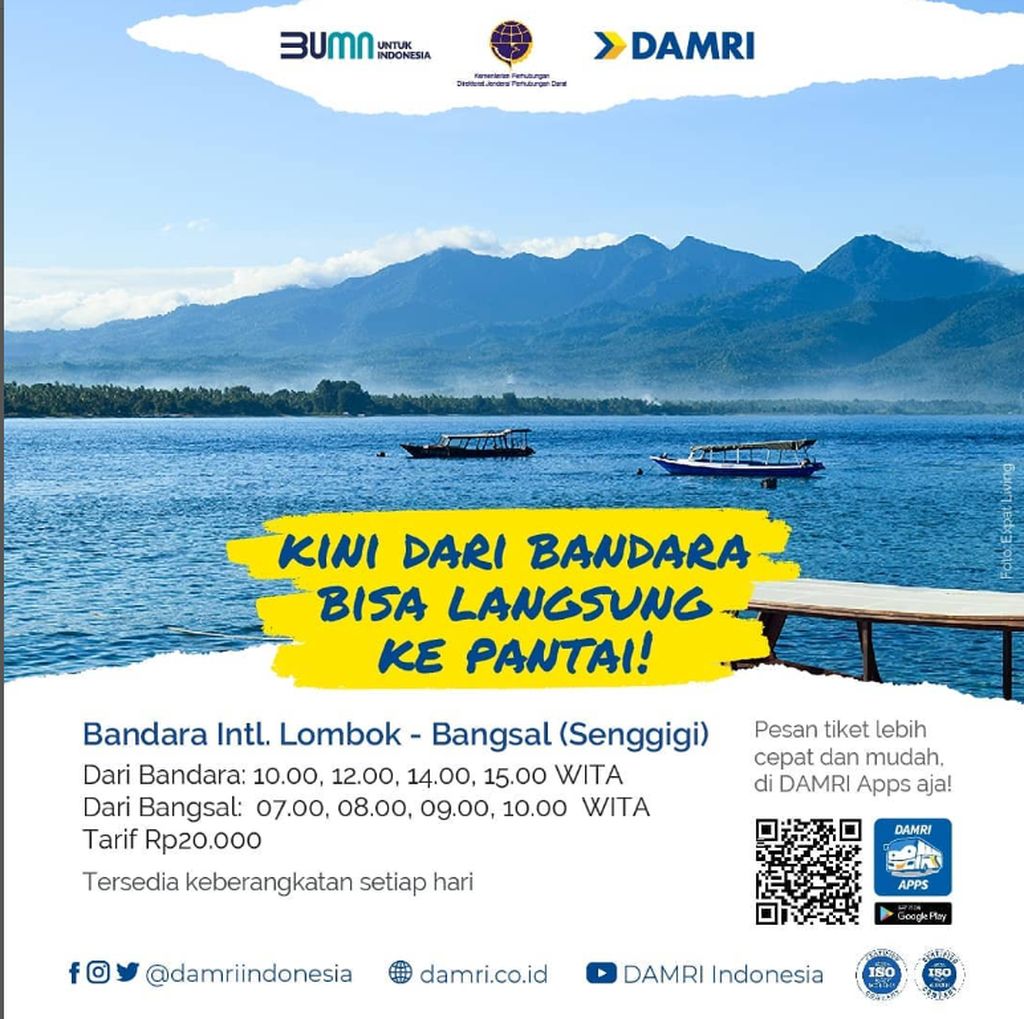 Jadwal dan Tarif Damri dari Bandara Lombok ke Pelabuhan Bangsal