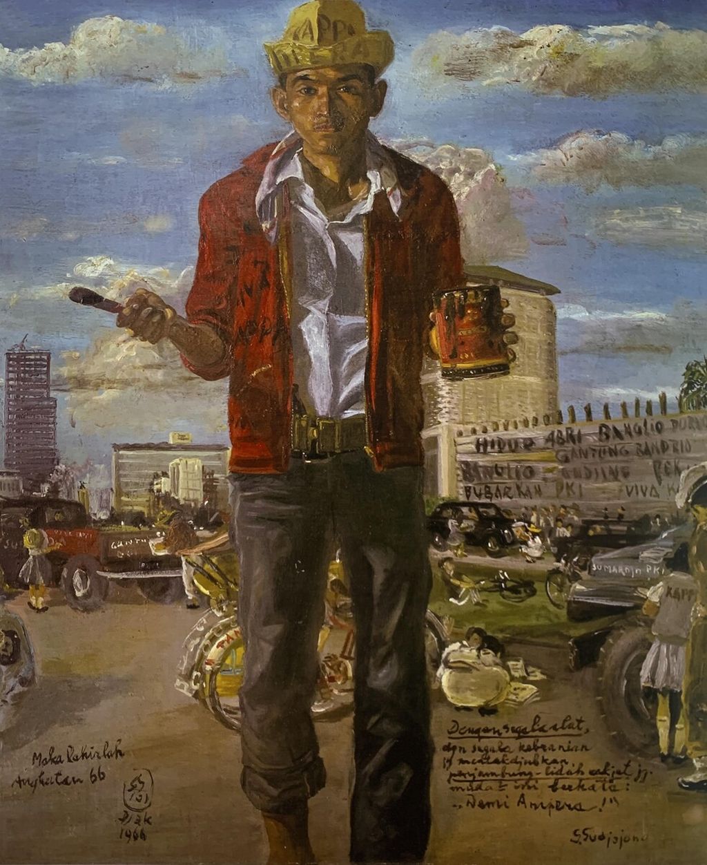 Foto lukisan Sudjojono yang berjudul “Maka Lahirlah Angkatan 66”. Lukisan ini beraspirasi penuntutan pemilu presiden.