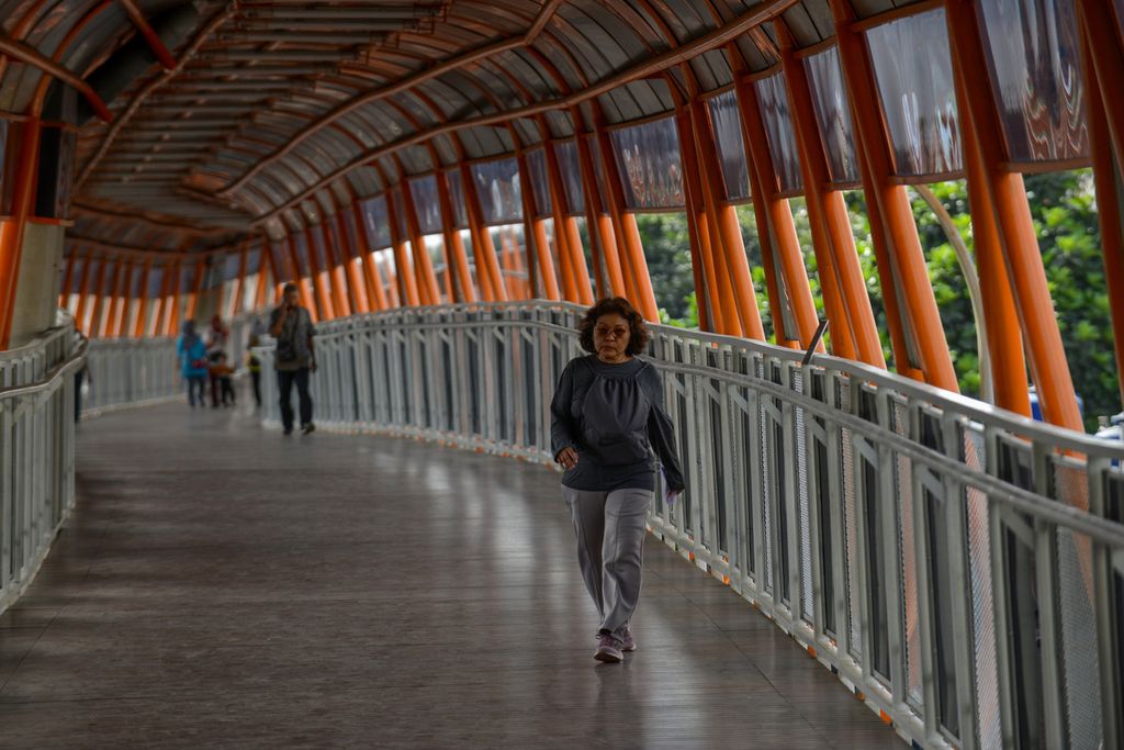 Seorang warga berjalan di Skywalk Kebayoran Lama, Jakarta Selatan, yang masih dalam tahap uji coba, Selasa (24/1/2023). 