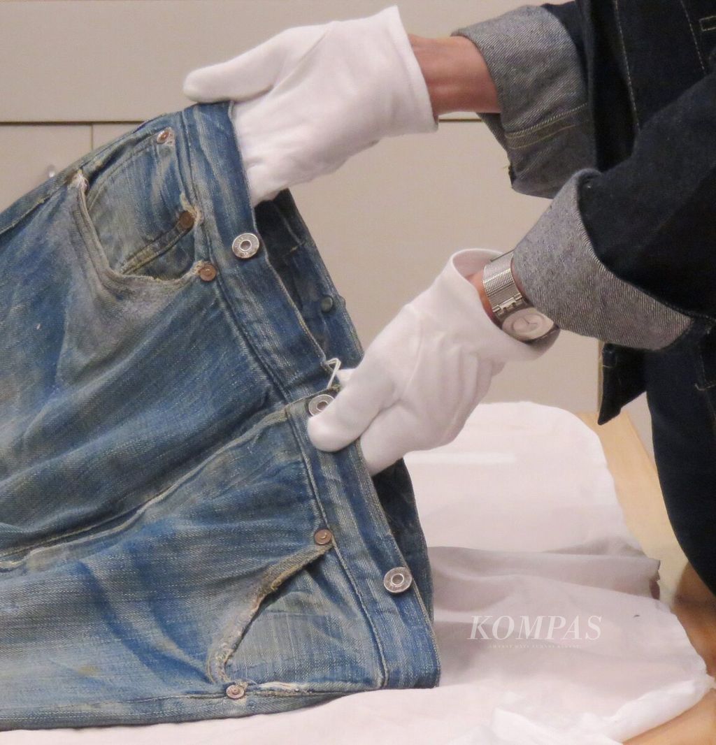 The oldest 501 jeans in the Levi's Museum archival collection at Levi's Plaza in San Francisco, estimated to have been made in 1879 and valued at $150,000 USD.