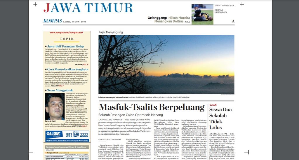 Halaman utama (A) Kompas Edisi Jawa Timur, Rabu (30/6/2005), yang memuat foto pemandangan matahari terbit (<i>sunrise</i>) dari bibir Kawah Ijen, Banyuwangi, Jawa Timur, Selasa (29/6/2005) pukul 05.15 WIB. 