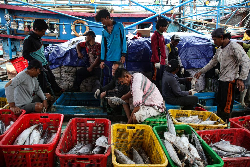 Pekerja memilah ikan dari muatan KM Mustika Sari di Pelabuhan Muara Angke, Jakarta Utara, Kamis (1/2/2024). Sepanjang tahun 2023, produksi perikanan Indonesia tercatat sebesar 24,74 juta ton, meliputi perikanan tangkap, budidaya, dan rumput laut. 