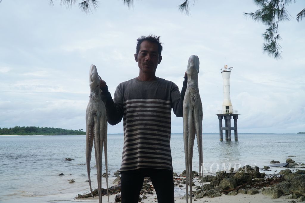 Jertianus Madogaho, nelayan sekaligus penampung gurita, menunjukkan gurita hasil tangkapan anggotanya di Dusun Sinaka, Desa Sinaka, Kecamatan Pagai Selatan, Kepulauan Mentawai, Sumatera Barat, Kamis (15/6/2023) sore. 