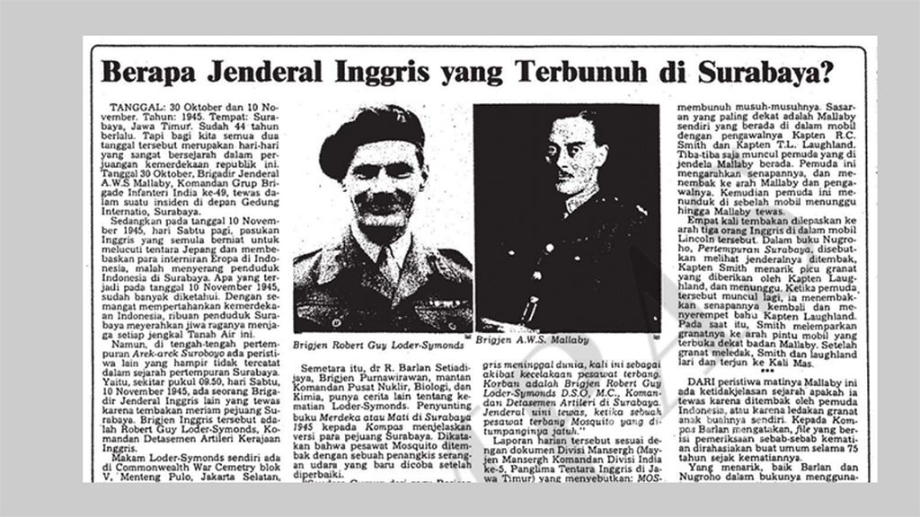 Artikel "Berapa Jenderal Inggris yang Terbunuh di Surabaya" yang dimuat di harian Kompas, 11 November 1989, hlm. 12.