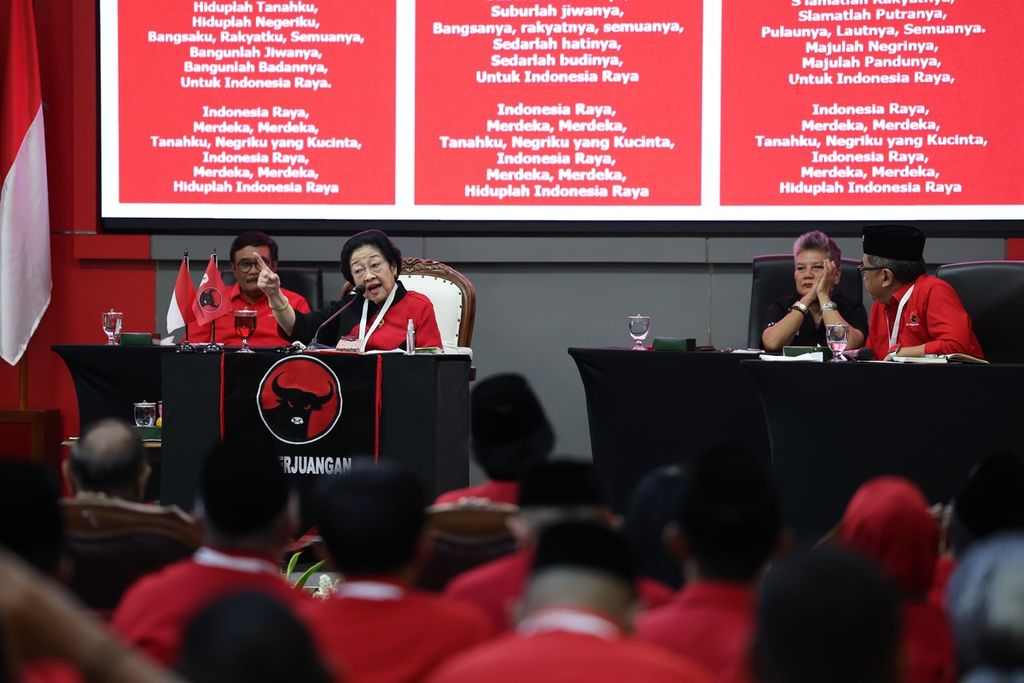 Ketua Umum PDI-P Megawati Soekarnoputri di Sekolah Partai DPP PDI Perjuangan, Lenteng Agung, Jakarta, Selasa (13/8/2024).