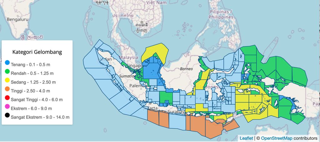 Perkiraan tinggi gelombang di berbagai perairan Indonesia. Sebagian perairan Indonesia diperkirakan  mengalami gelombang dengan tinggi 2,5-4 meter. Sumber: BMKG
