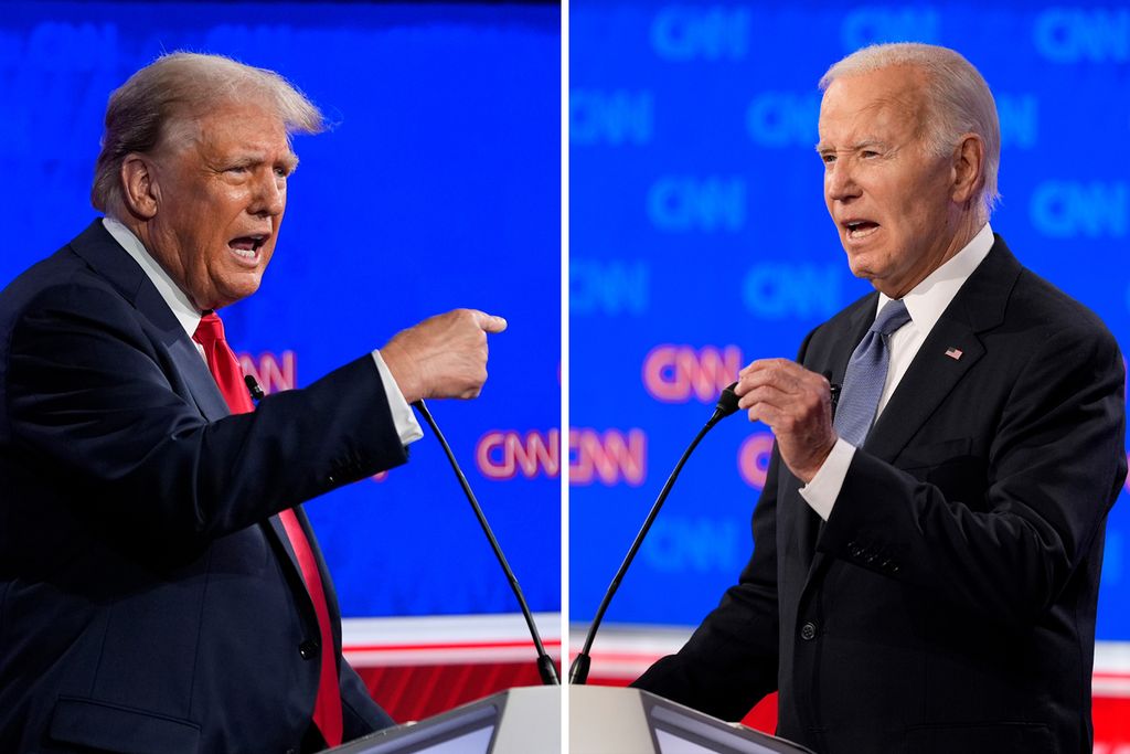 Dalam foto gabungan ini, kandidat presiden Amerika Serikat dari Partai Republik, Donald Trump, berdebat dengan kandidat presiden Partai Demokrat, Joe Biden, di tengah debat pilpres yang diselenggarakan CNN, di Atlanta, AS Kamis (27/6/2024). 