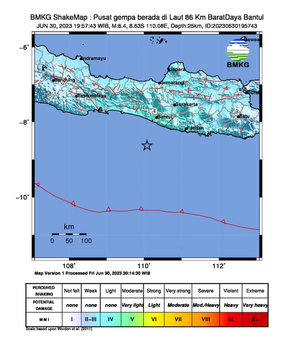 Tangkapan layar informasi gempa yang berpusat di barat daya Kabupaten Bantul, sisi selatan Yogyakarta.